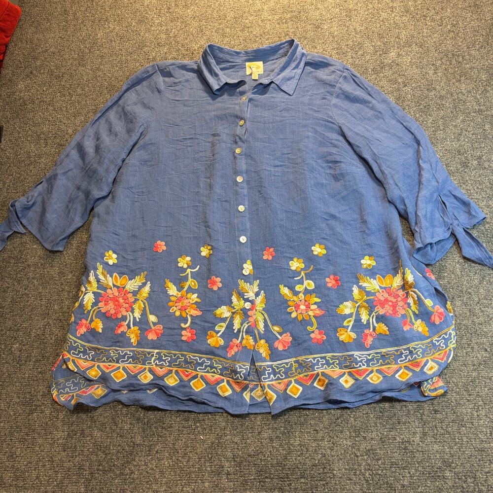 Fig & Flower Anthropologie Women 2X Blue Floral Embroider Button Down Blouse Top